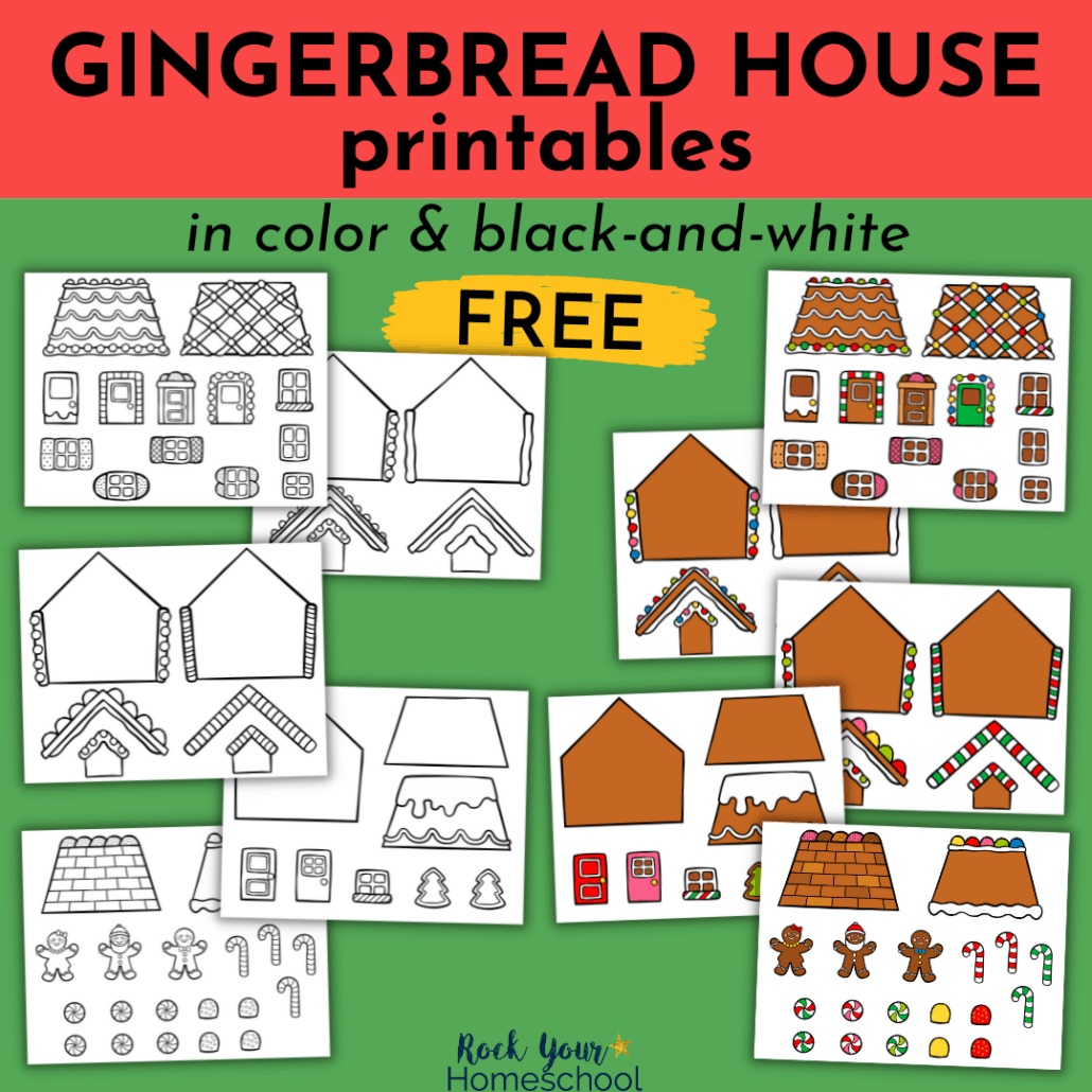 free set of gingerbread house printables in color and black-and-white