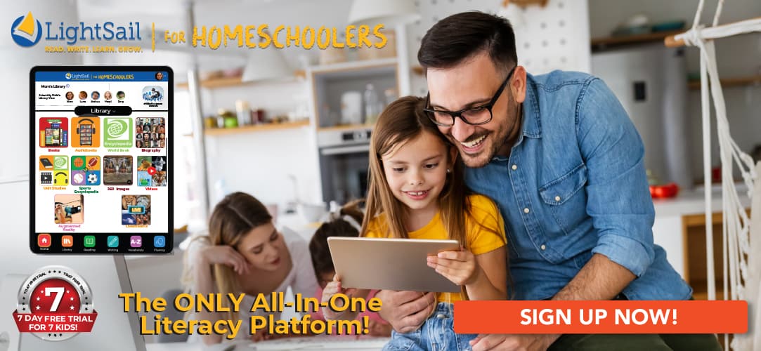 Dad and daughter looking at iPad for LightSail for Homeschoolers