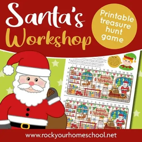 Free printable Christmas game featuring Santa's Workshop Treasure Hunt Game for interactive holiday fun with kids