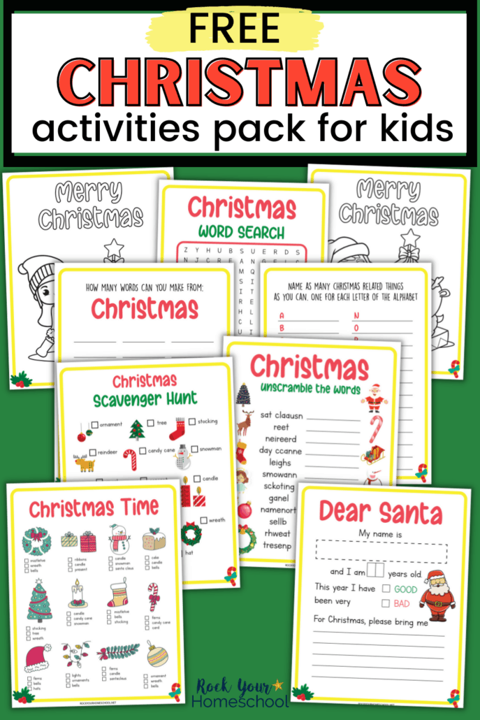free Christmas activities pack printables with Christmas time search, scavenger hunt, word search, word scramble, Dear Santa activity, coloring pages, alphabet game, and creative word activity
