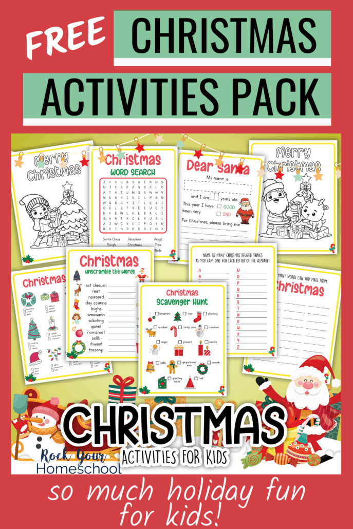 free Christmas activities pack cover featuring coloring pages, word search, Dear Santa list, scavenger hunt, word scramble, and more