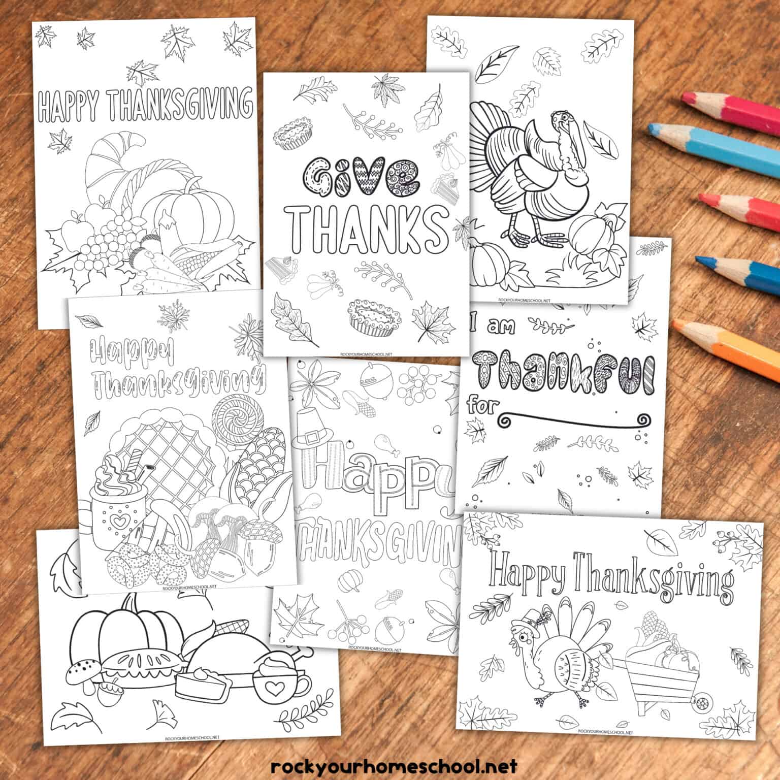 8 examples of free printable Thanksgiving coloring pages for tweens, teens, and adults. 