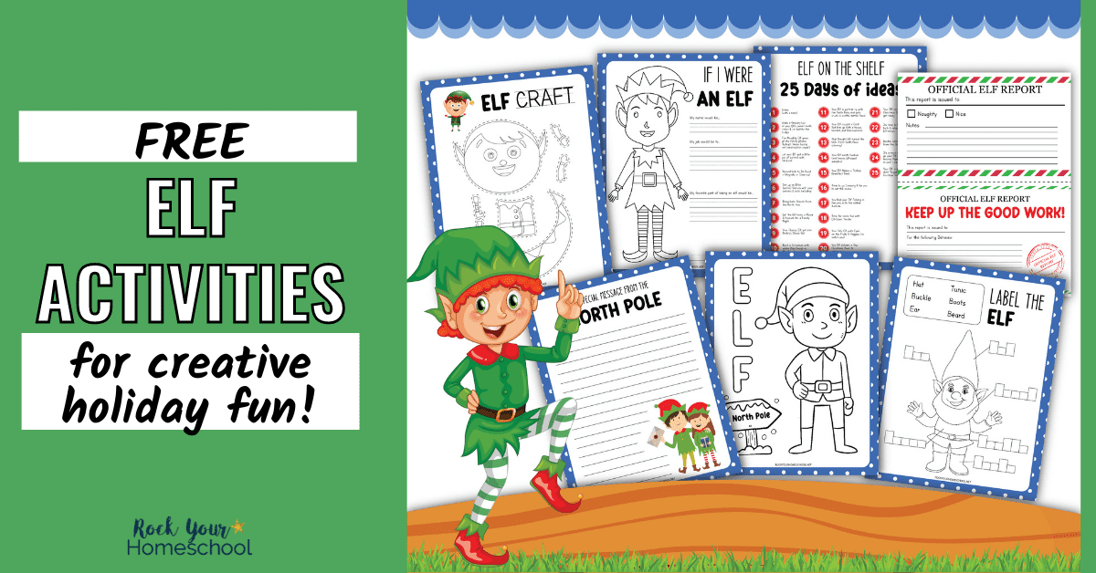 elf on a shelf printable activities on a green background. Text overlay says "free elf activities for creative holiday fun!"