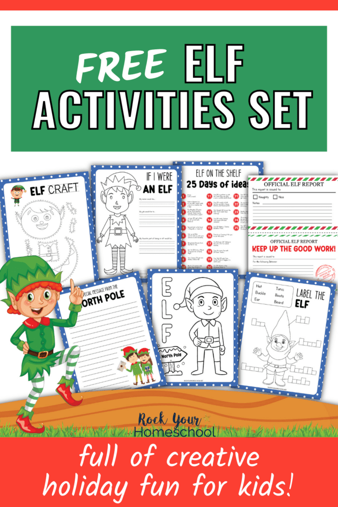 free printable elf activities pack cover featuring craft, writing prompts, coloring page, elf report, label the elf, and list of 25 days of Elf on the Shelf ideas
