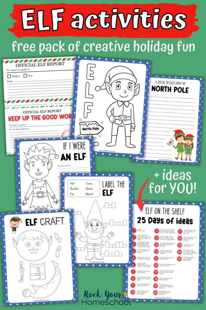 free printable elf activities like elf report, writing prompts, coloring page, craft, label the elf, and list of 25 Elf on the Shelf ideas