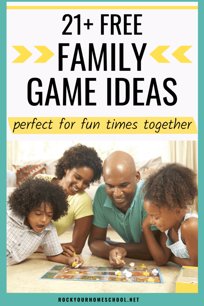 Mom, dad, and kids playing board game to feature how you can use these 21+ free family game ideas for fun times together