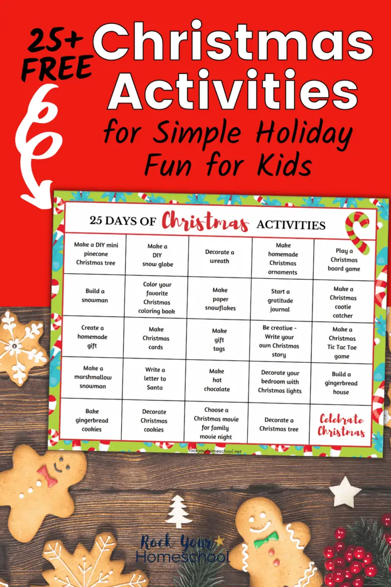 25 days of fun Christmas activities chart on wood background with gingerbread cookies and decorations to feature how you can have a blast with your kids using this special holiday countdown
