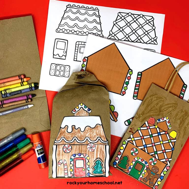 Gingerbread house printables set with examples on brown paper bags with crayons and glitter glue to feature how you can use this set in color and black-and-white for frugal holiday.