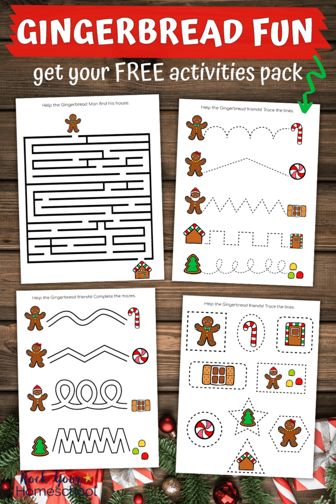 gingerbread man printable mazes and tracing activities on Christmas backgroung
