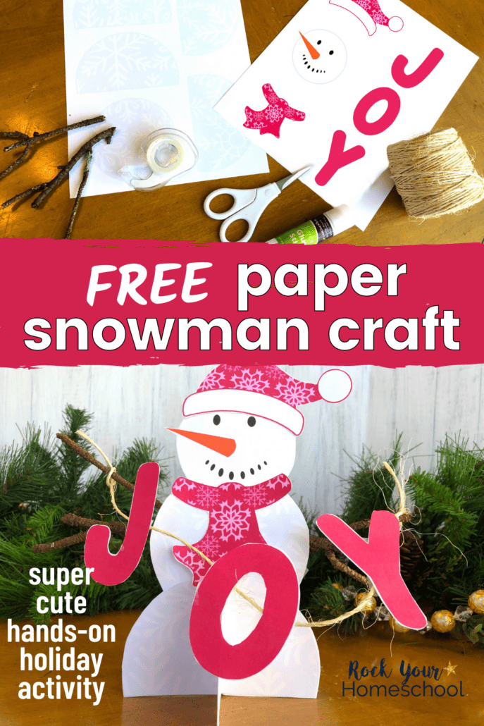 3 printable pages of paper snowman craft with supplies and completed cute paper snowman with J-O-Y on twine banner to feature how you can use this kit for a fun Christmas activity with kids