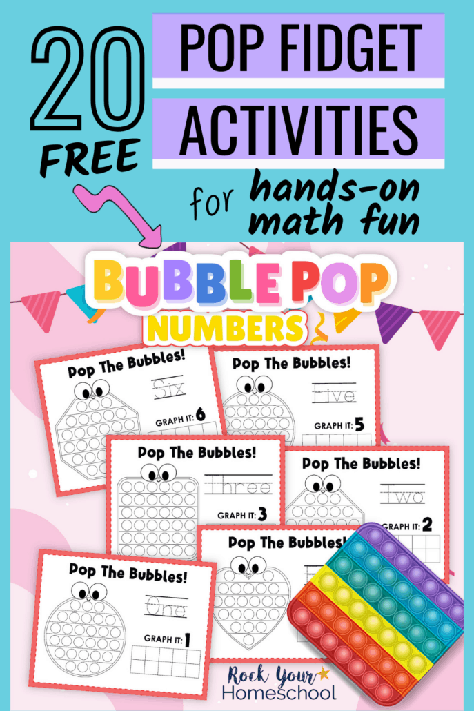 Bubble pop numbers activity pack cover to feature the fantastic hands-on math fun your kids will have with these 20 free printable pop fidget activities
