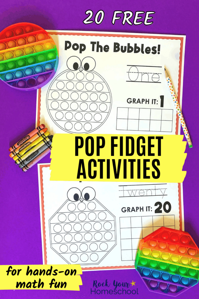 Rainbow bubble pop toys in circle and octagon with crayons and pencil and printable pop fidget activities for hands-on math fun