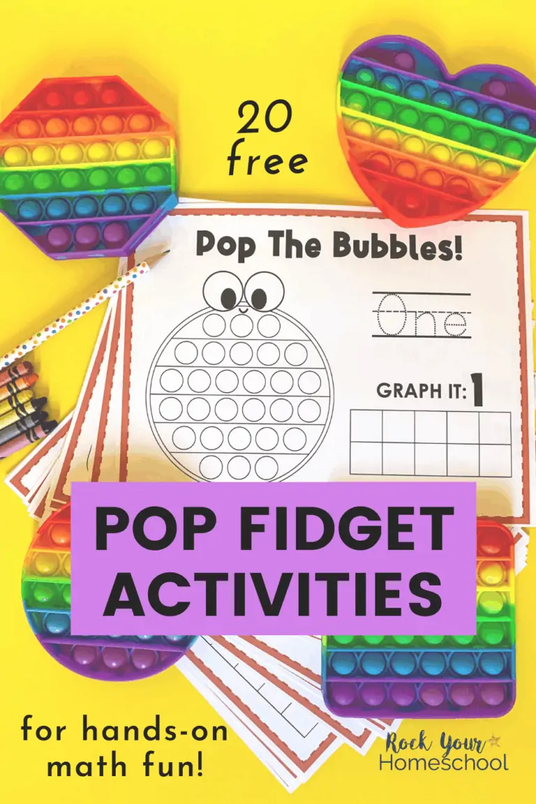 Rainbow bubble pop toys in shapes of octagon, heart, circle, and square with set of 20 free pop fidget activities for hands-on math fun