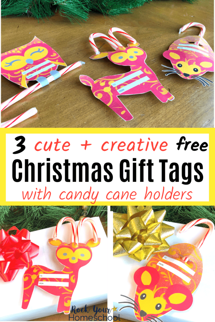 3 printable Christmas gift tags of owl, deer, and mouse with candy canes to feature how you can use these free gift tags for frugal gift giving