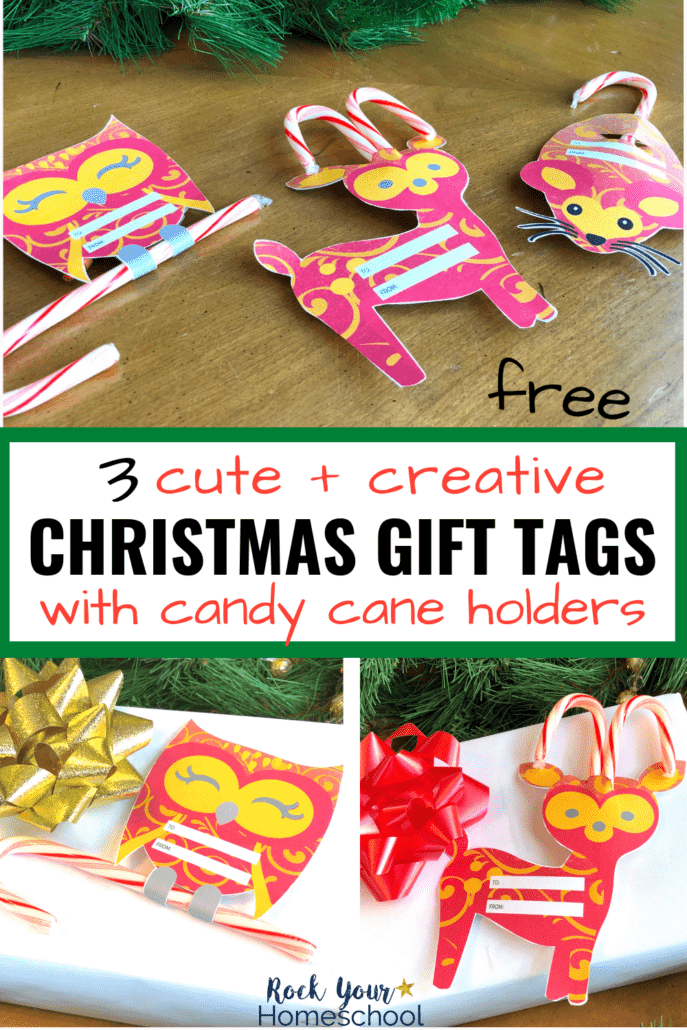 3 free printable Christmas gift tags in red and gold with owl, deer, and mouse and candy cane holders to feature how you can use this set for frugal gift giving and more