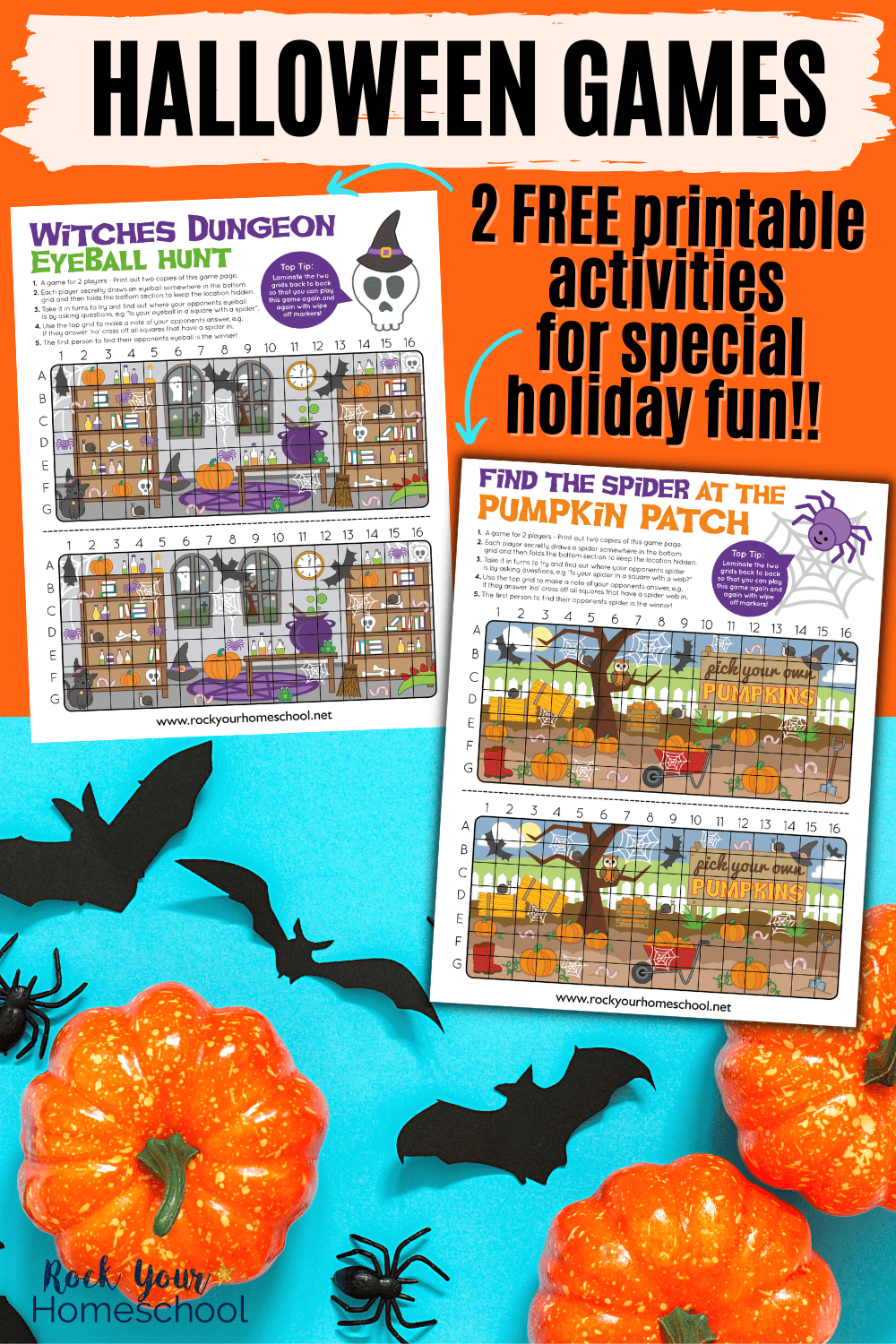 2 free printable Halloween games of Witches Dungeon Eyeball Hunt and Find the Spider in the Pumpkin Patch on light blue background with black paper bats and spiders and small pumpkins