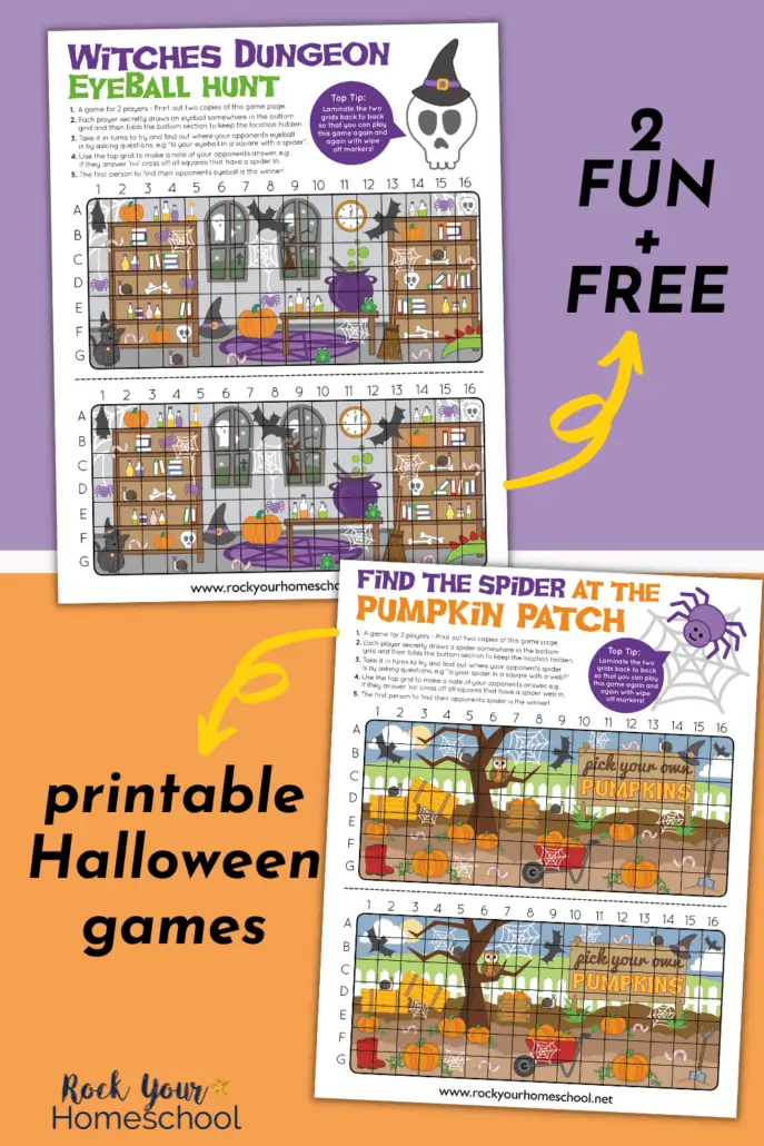 2 free printable Halloween games of Witches Dungeon Eyeball Hunt and Pick the Spider in the Pumpkin Patch 