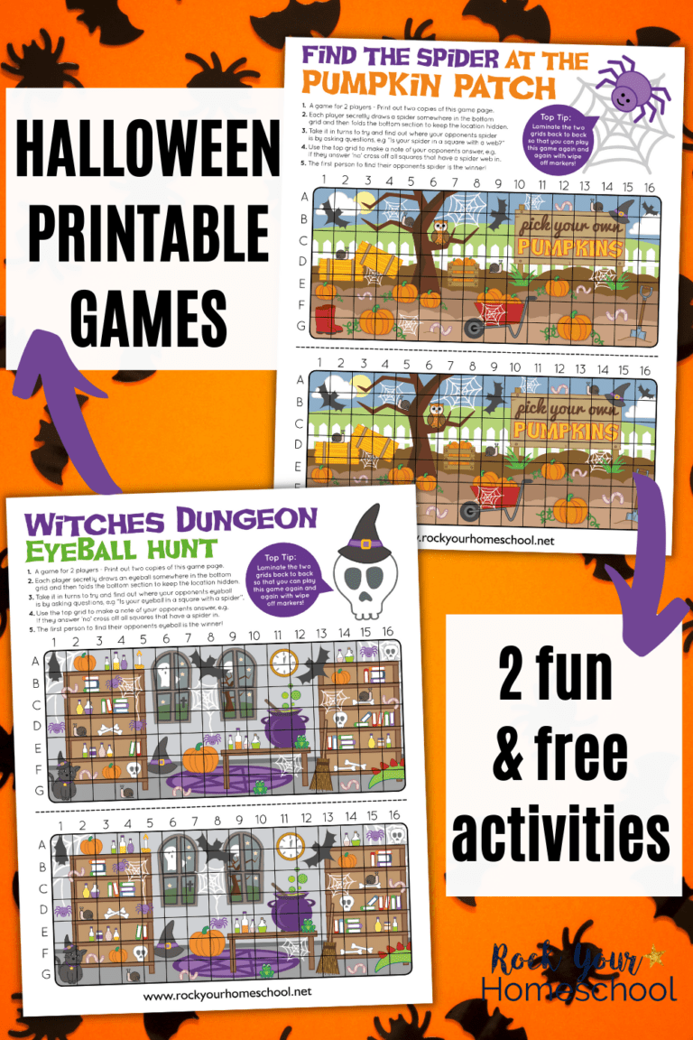 2 examples of free printable Halloween treasure hunt games. 