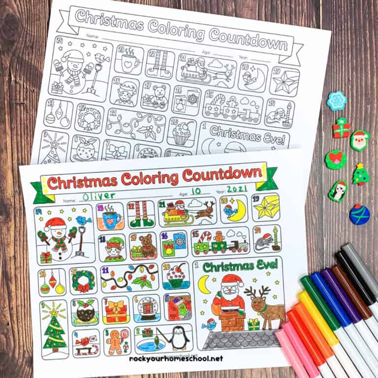 Black-and-white coloring Christmas countdown calendar and completed version with markers and Christmas-themed mini-erasers on wood background.