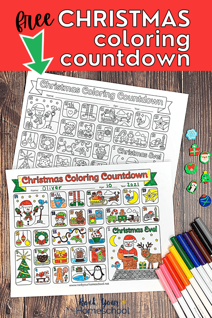 Black-and-white coloring Christmas countdown calendar and completed version with markers and Christmas-themed mini-erasers on wood background