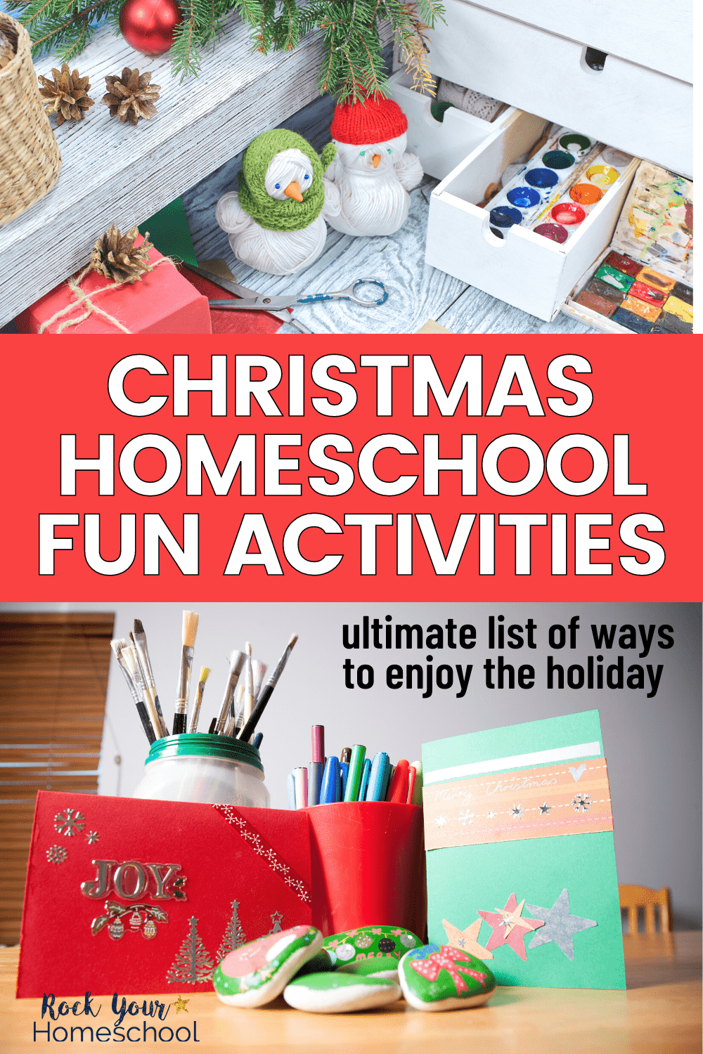 Christmas craft supplies with paints, decorations, paint brushes, markers, and more