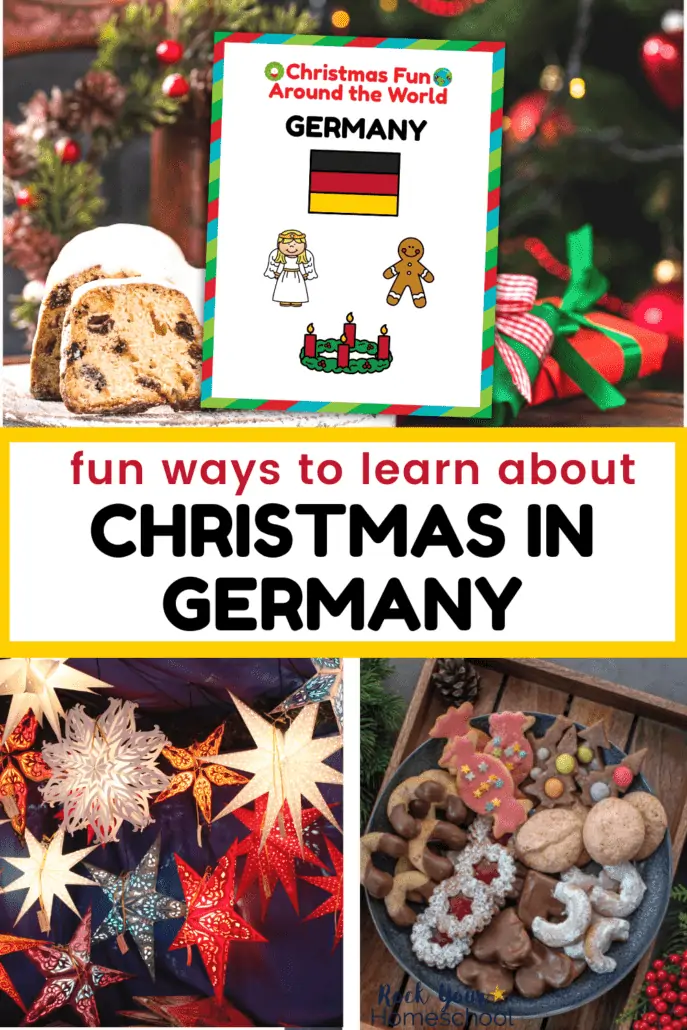Stollen and presents under Christmas tree with Christmas Fun Around the World Germany printable page and German Christmas paper stars with lights and plate of German Christmas cookies