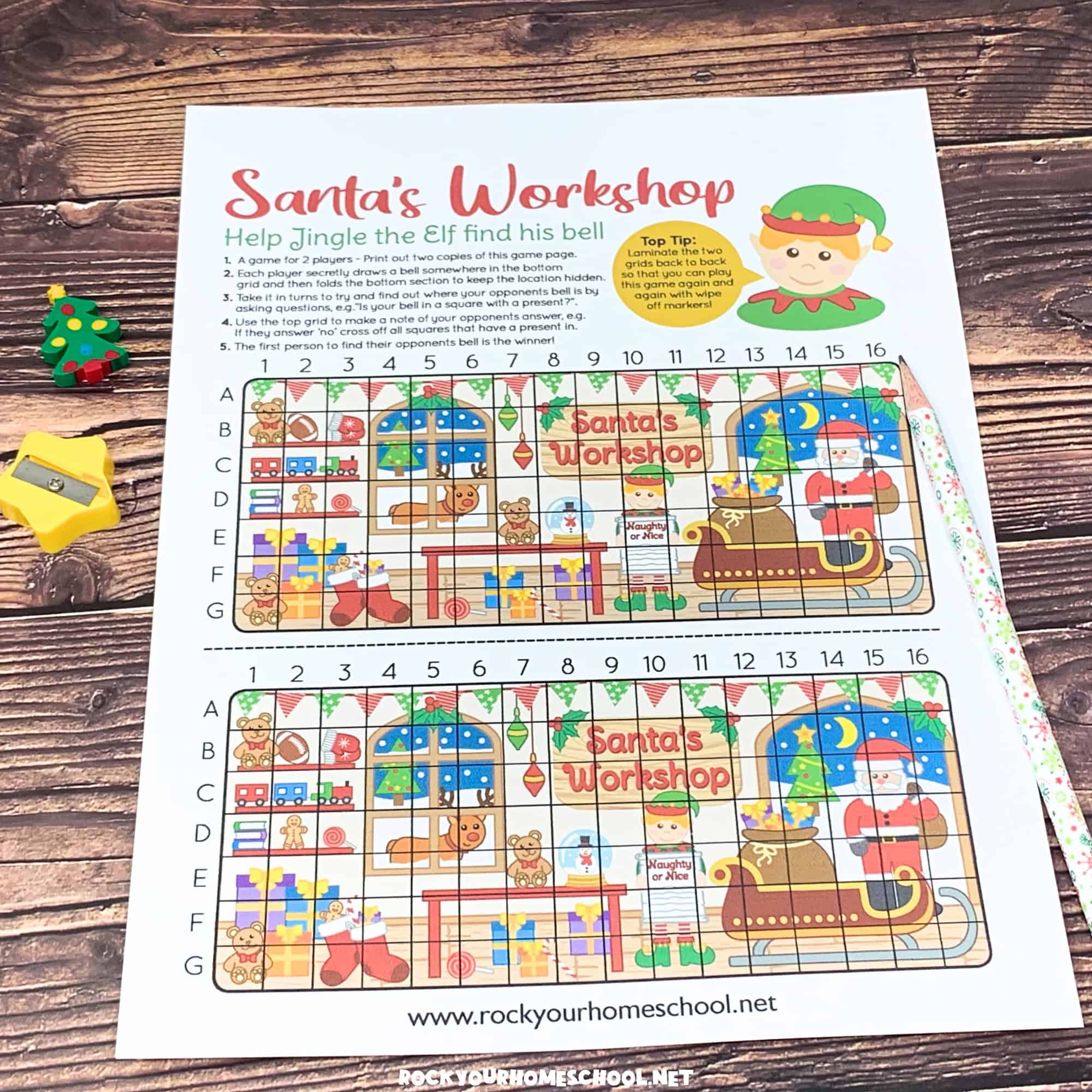 Example of free printable Christmas interactive game featuring Santa's workshop.