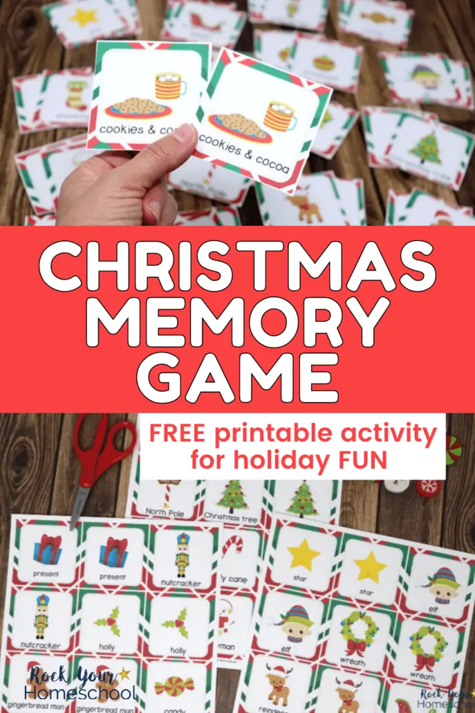 woman holding Christmas memory game cards of cookies and cocoa to feature the fantastic holiday fun you\'ll have with this free printable set