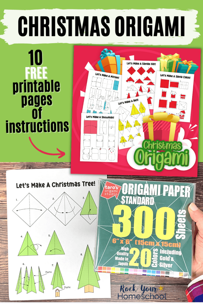 woman holding pack of origami paper with Christmas tree origami instructions to feature this free pack of Christmas origami instructions