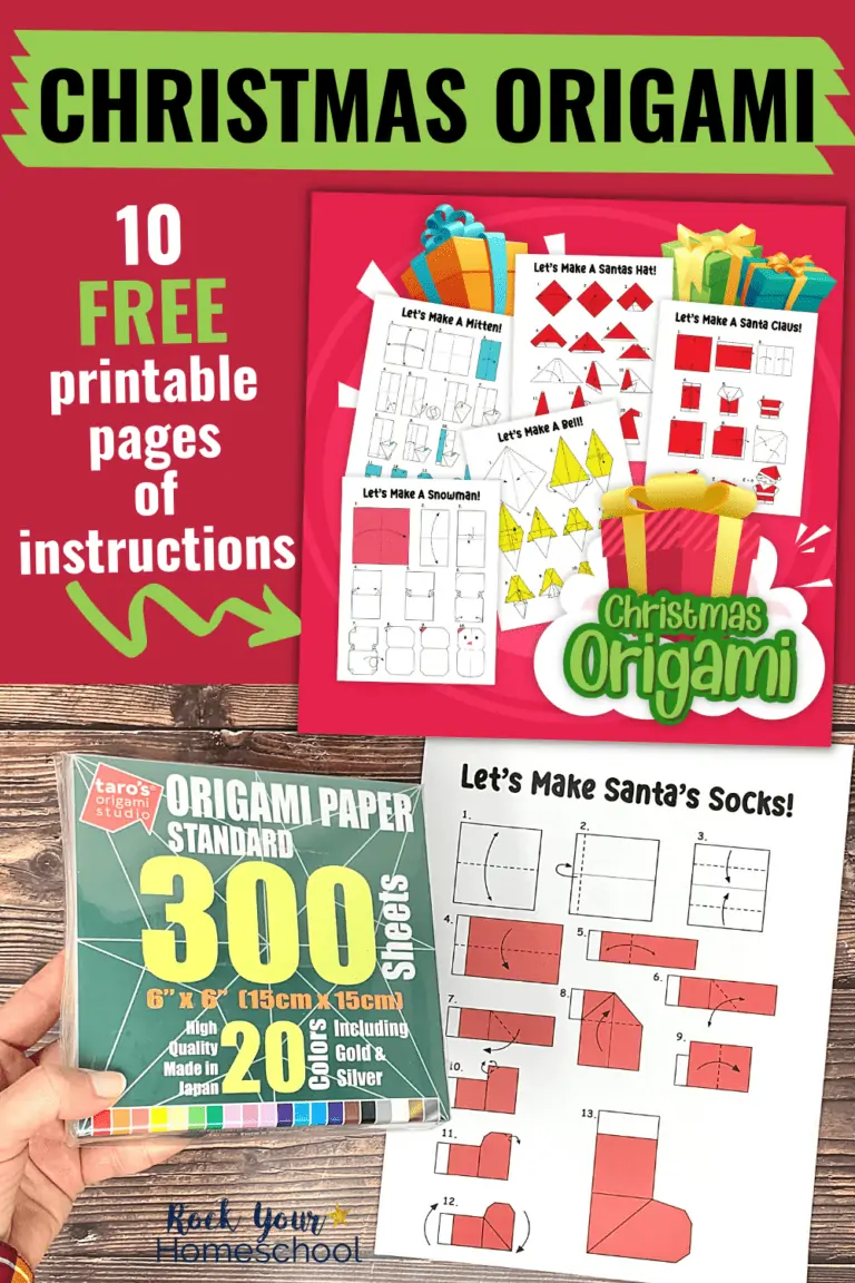 Christmas origami instructions set and woman holding origami paper by instruction page for making an origami stocking