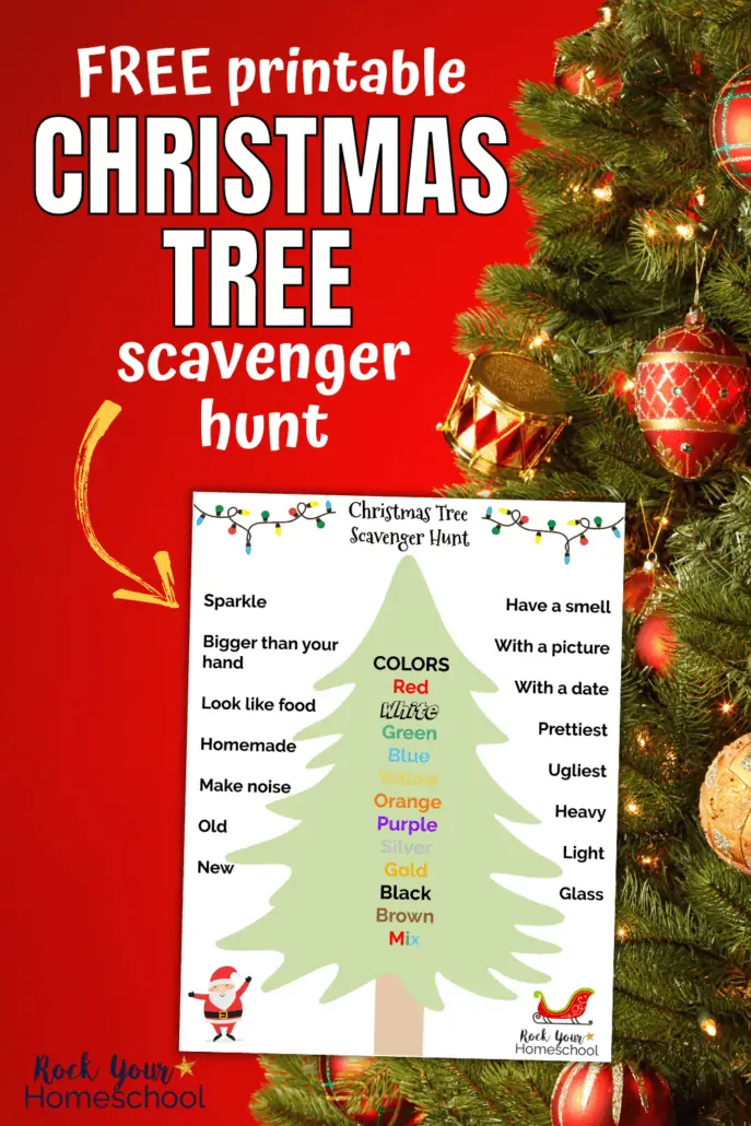 Christmas tree with red and gold ornaments, yellow lights, and red background with free printable Christmas tree scavenger hunt