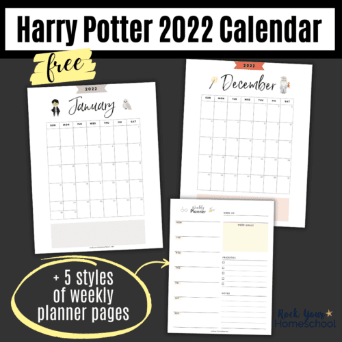 Get this free set of 2022 Harry Potter-inspired calendar printable pages and weekly planner pages.