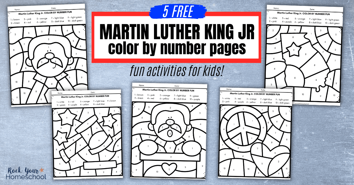 5 martin luther king jr coloring sheets on a grey background