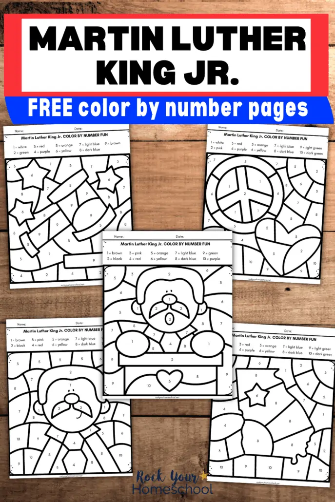 5 Martin Luther King Jr color by number worksheets with themes of justice, peace, love, MLK speaking, and the state of Georgia on wood background