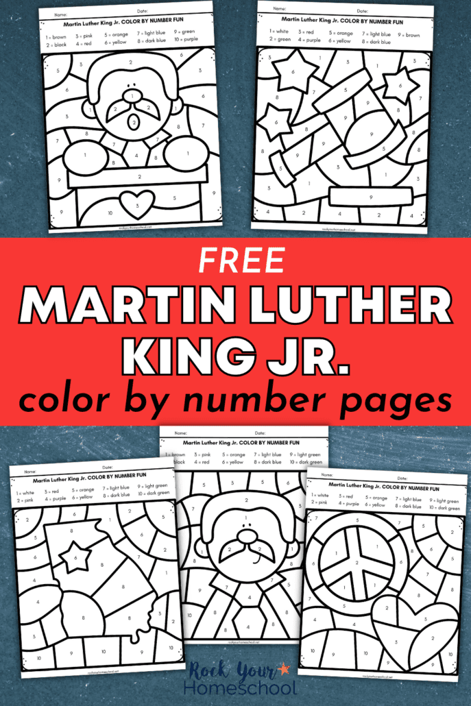5 free Martin Luther King Jr color by number worksheets with themes of justice (gavel), peace, love, MLK speaking, and state of Georgia