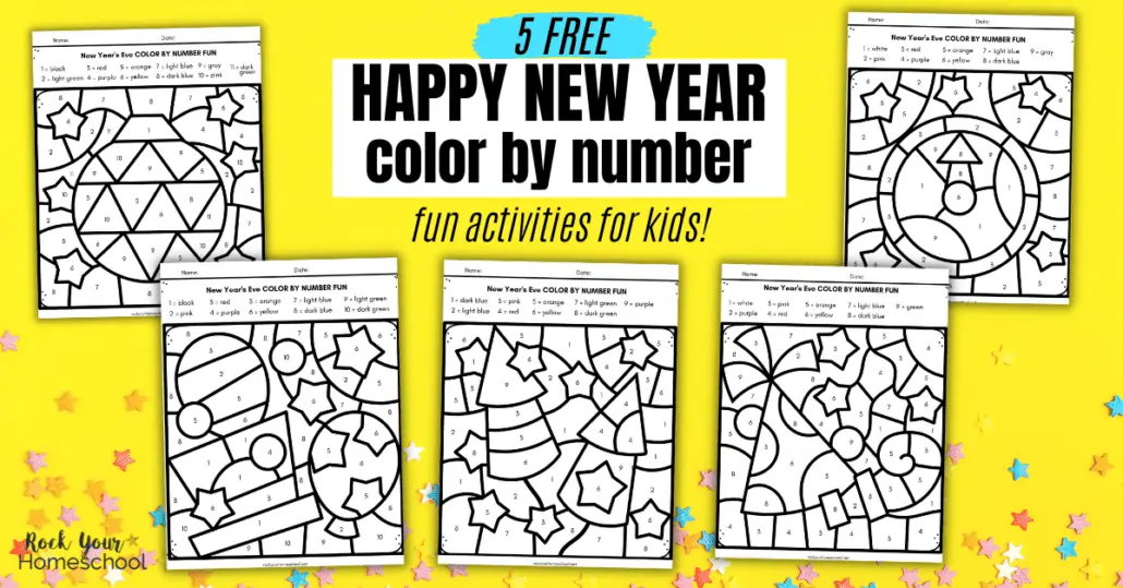 5 free Happy New year color by number pages on yellow background and star confetti