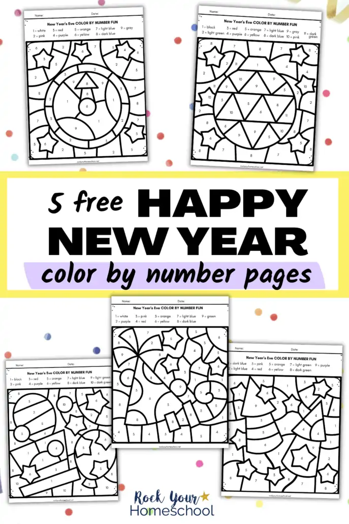 5 free Happy New Year coloring pages with color by number themes of clock, Times Square Ball, top hat, balloons, rockets, stars, party hat and blower on confetti background