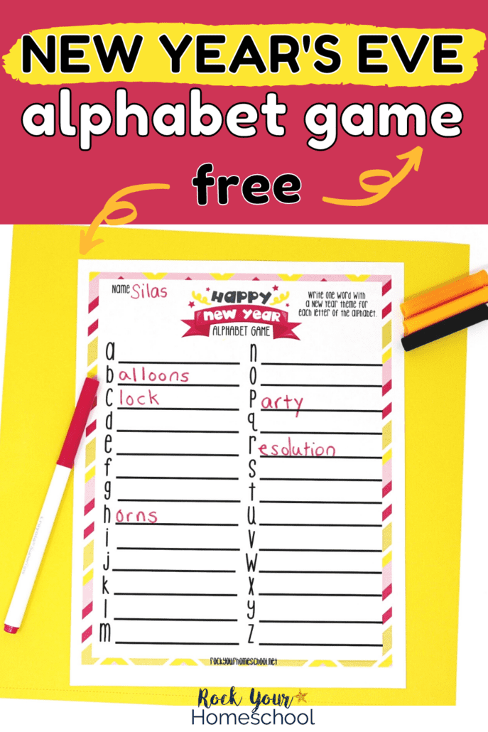 free printable New Year's Eve alphabet game with markers on yellow paper background