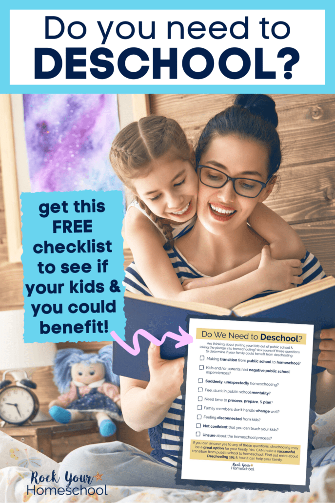 Daughter smiling and hugging mother around neck as mother sits on bed and happily reads from book