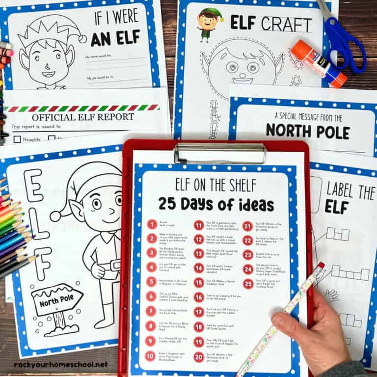 Woman holding red clipboard with list of Elf on the Shelf ideas with examples of free printable elf activities for kids.