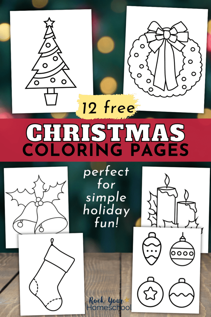 free Christmas coloring pages of Christmas tree, wreath, bells, stocking, candles, and ornaments on Christmas background