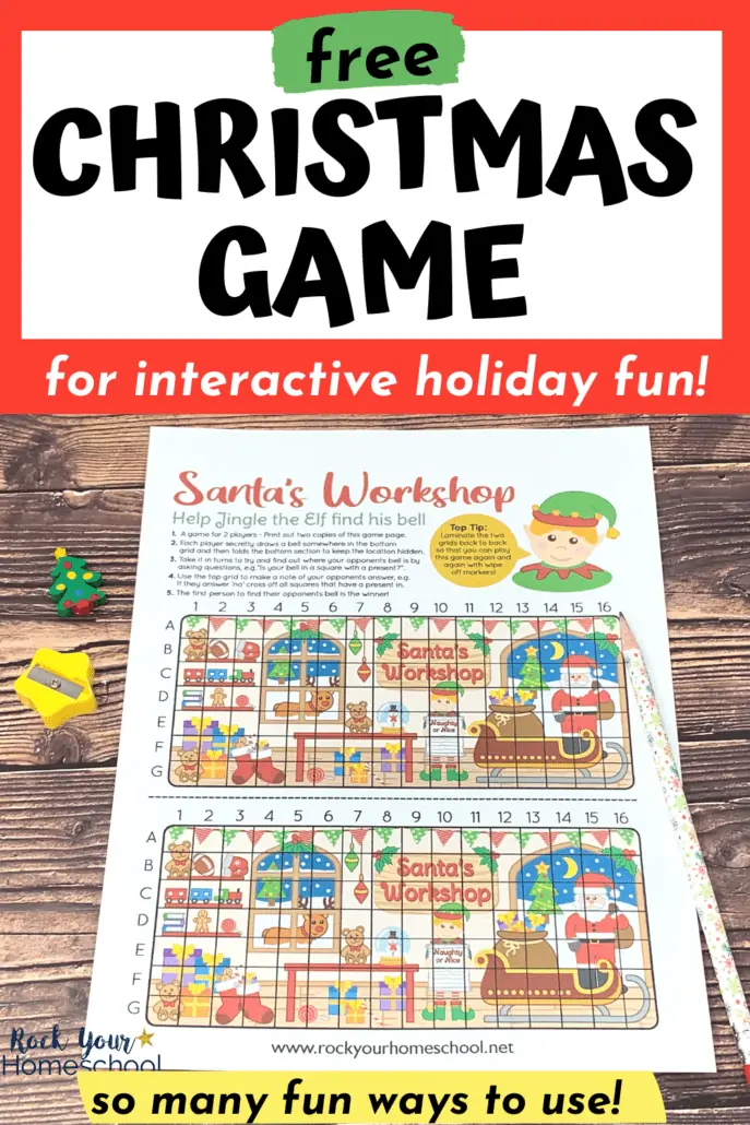free printable Christmas game featuring Santa's Workshop in a treasure hunt style game with Christmas tree mini-eraser, yellow star pencil sharpener, and Christmas pencil
