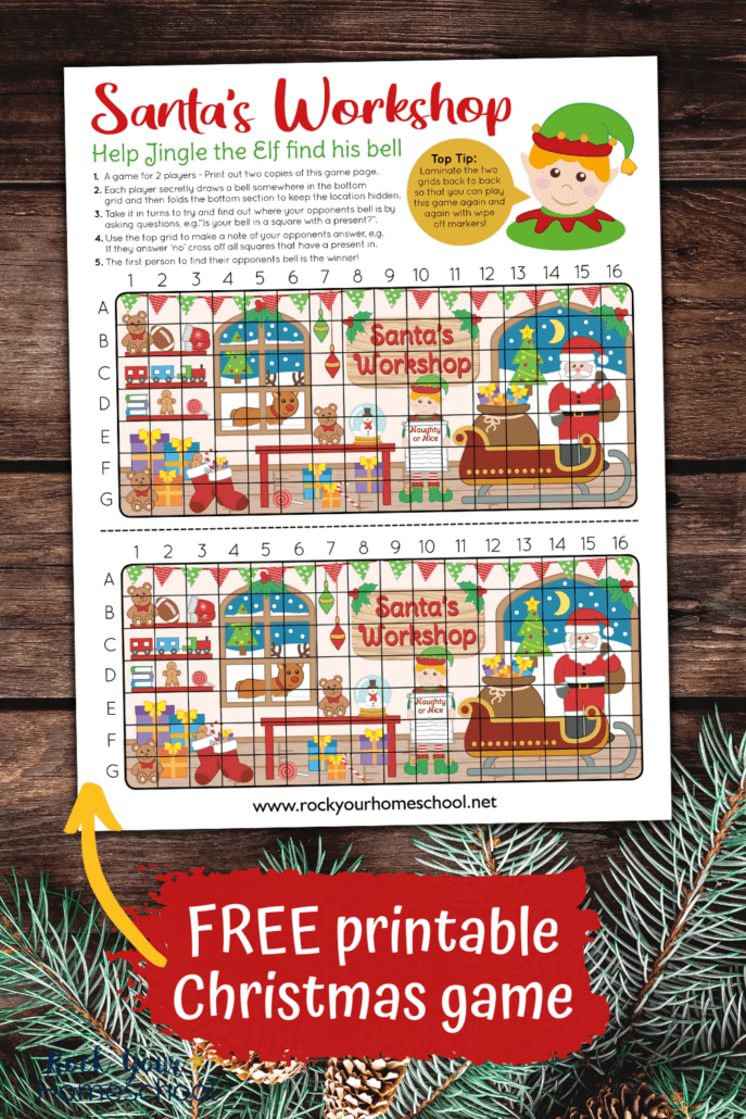 free printable Christmas game featuring Santa\'s Workshop with wood background and pine branches