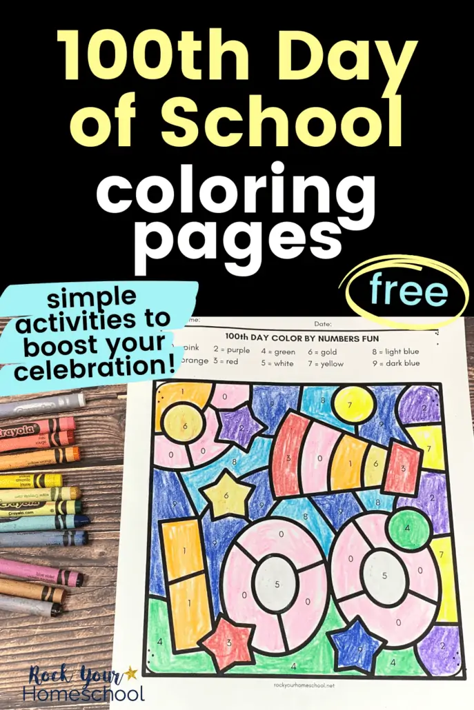 100th day of school coloring page with rainbow of crayons on wood background