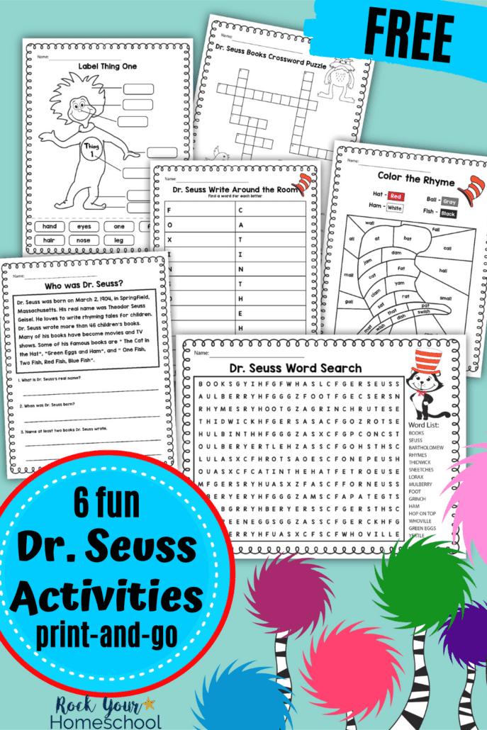 6 free Dr. Seuss activities in printable pages of Label Thing 1, crossword puzzle, write around the room, color the rhyme, Who was Dr. Seuss?, word search with colorful truffula trees