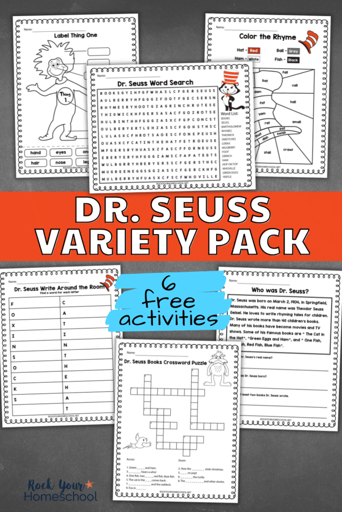 free Dr. Seuss activities set with 6 pages including Label Thing 1, Color By Rhyme, Word Search, Dr. Seuss Write Around the Room, Crossword Puzzle, and Who Was Dr. Seuss? pages