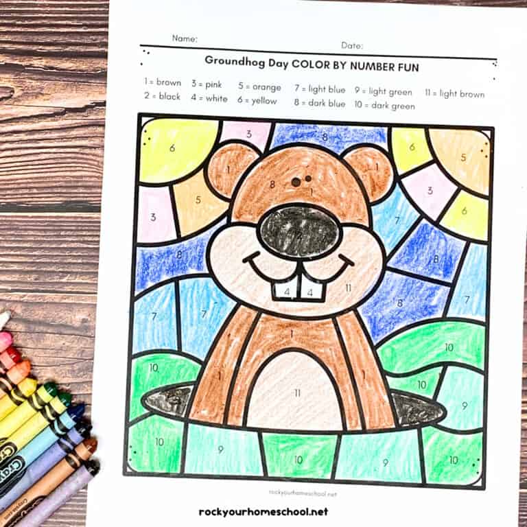 Example of free printable Groundhog Day color by number page with crayons.