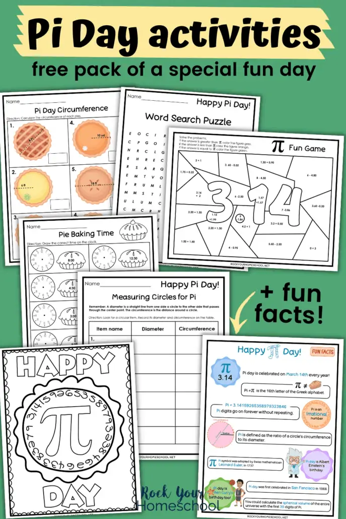 7 free printable pages of Pi Day activities with word search, fun facts, coloring pages, and more