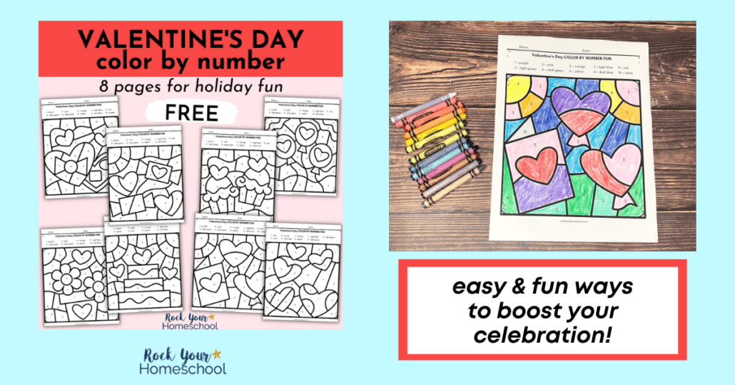 Easily boost your holiday celebration with these 8 free Valentine's Day color by number pages.