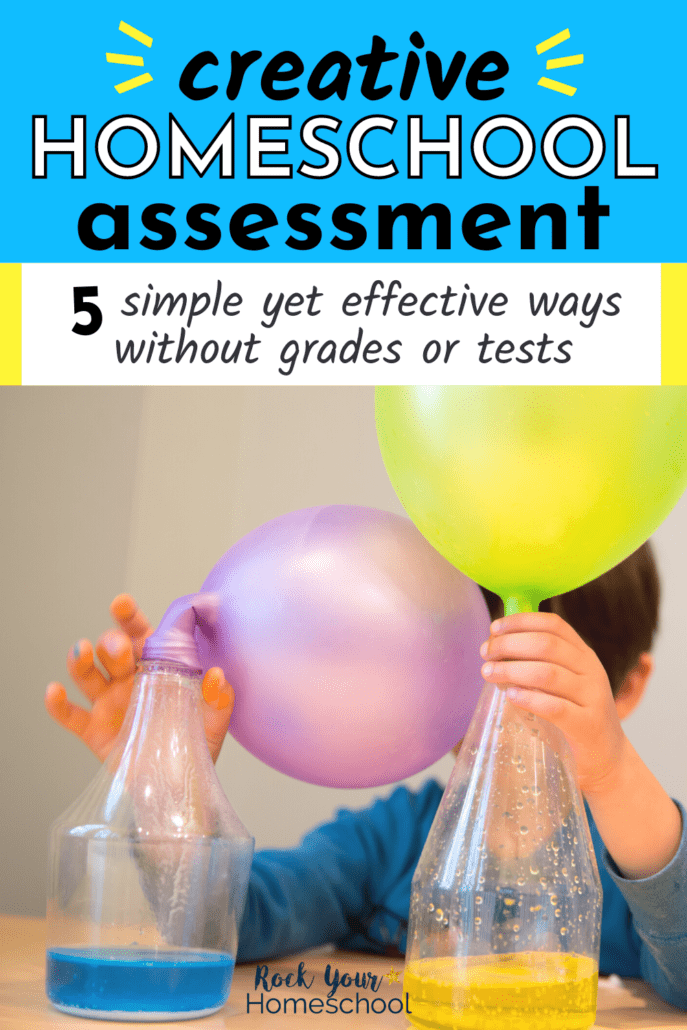 Young boy working on science experiment with bottles, colored water, and balloons for creative homeschool assessment